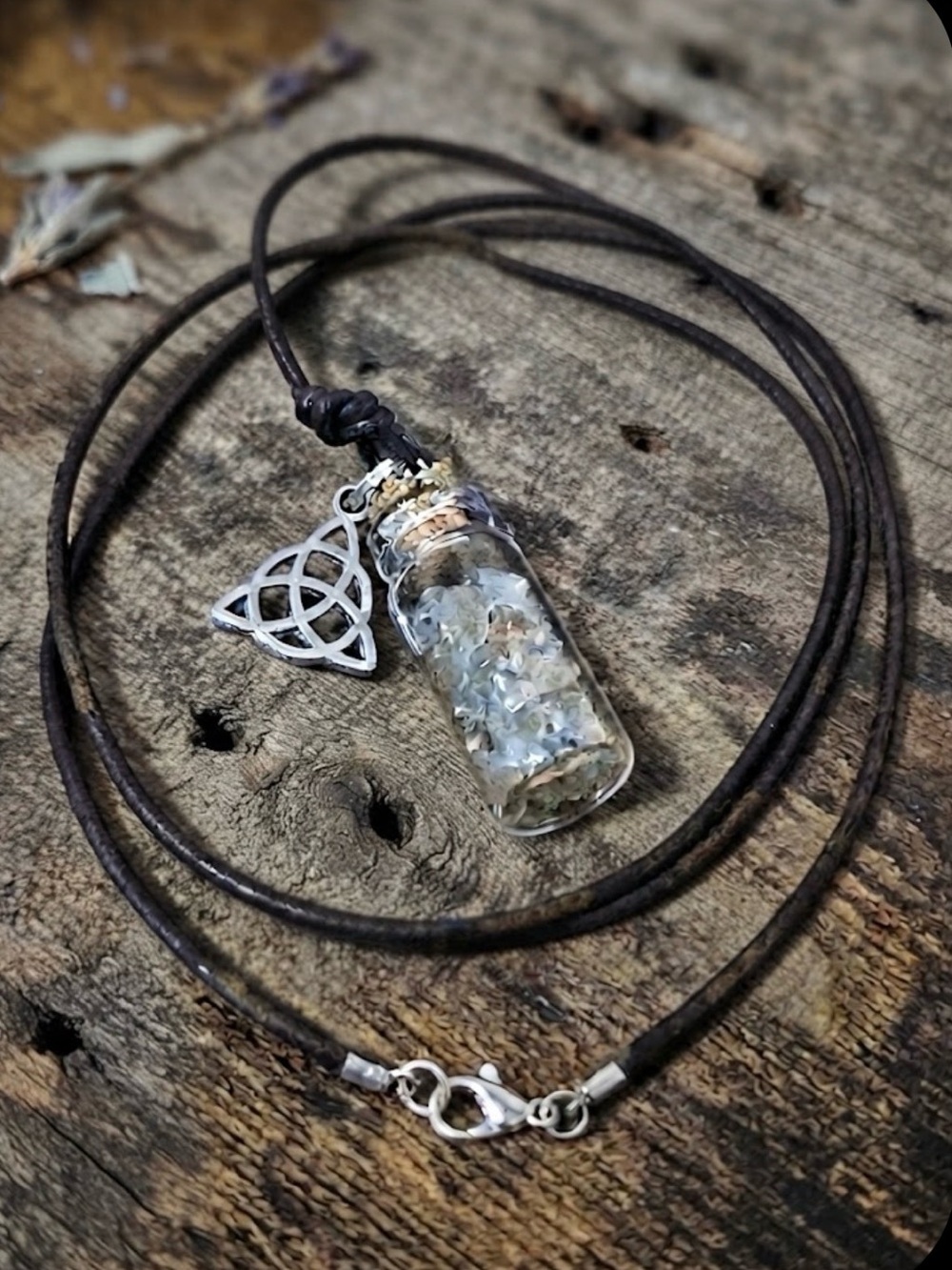 Artisan Glass Vial with smoke Quartz with Celtic Charm - Brown Cord
